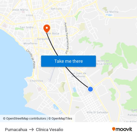 Pumacahua to Clínica Vesalio map