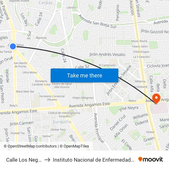Calle Los Negocios, 499 to Instituto Nacional de Enfermedades Neoplásicas - INEN map