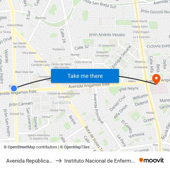 Avenida República De Panamá, 4746 to Instituto Nacional de Enfermedades Neoplásicas - INEN map