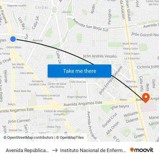 Avenida República De Panamá, 3887 to Instituto Nacional de Enfermedades Neoplásicas - INEN map