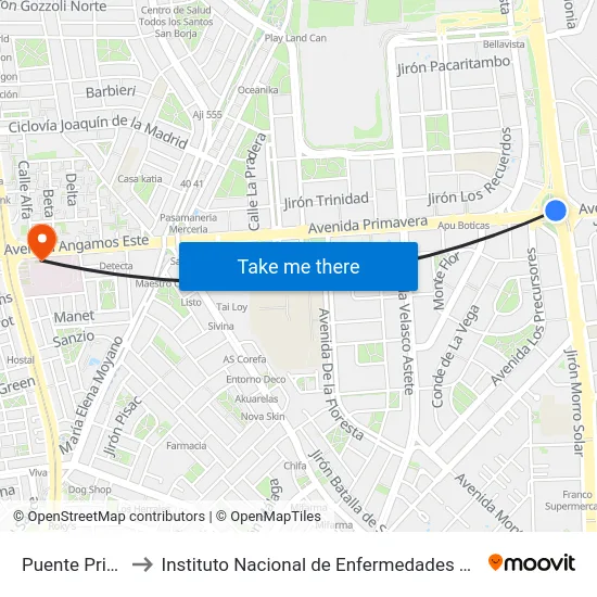 Puente Primavera to Instituto Nacional de Enfermedades Neoplásicas - INEN map