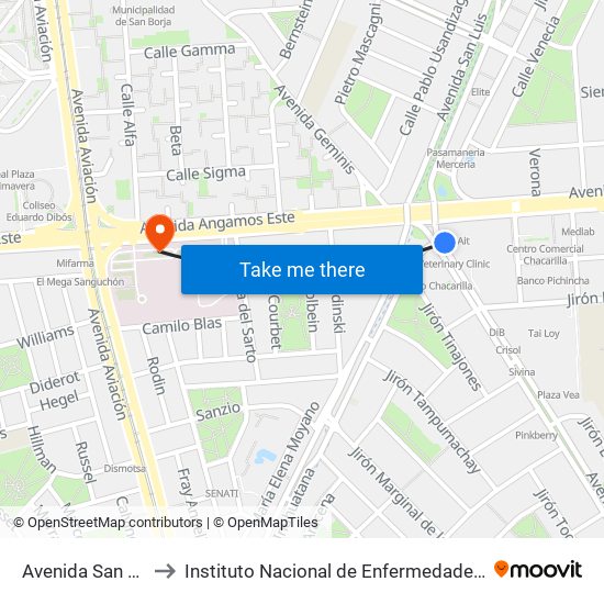Avenida San Luis, 3184 to Instituto Nacional de Enfermedades Neoplásicas - INEN map