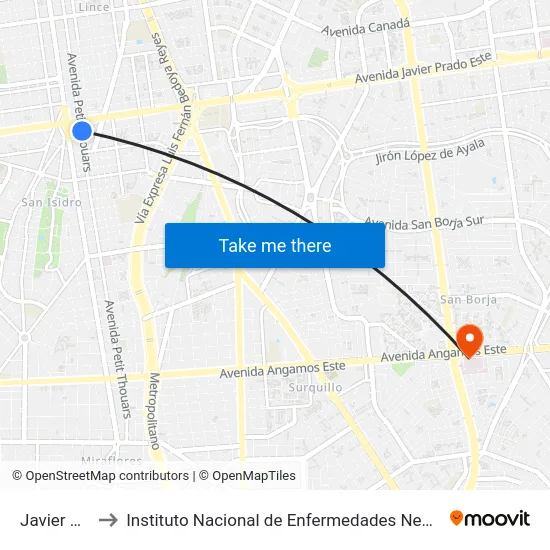 Javier Prado to Instituto Nacional de Enfermedades Neoplásicas - INEN map