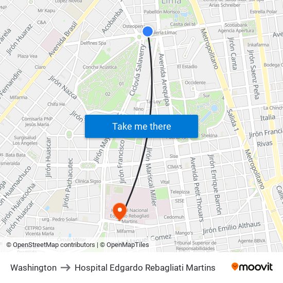 Washington to Hospital Edgardo Rebagliati Martins map