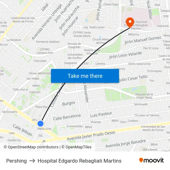 Pershing to Hospital Edgardo Rebagliati Martins map