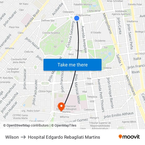 Wilson to Hospital Edgardo Rebagliati Martins map