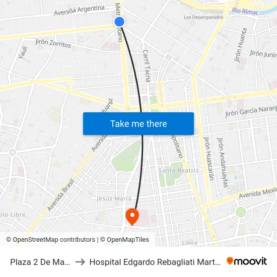 Plaza 2 De Mayo to Hospital Edgardo Rebagliati Martins map