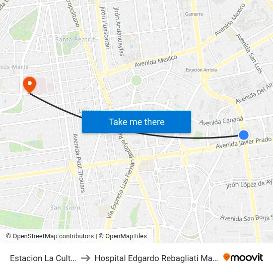 Estacion La Cultura to Hospital Edgardo Rebagliati Martins map