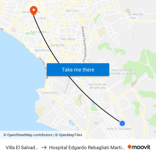 Villa El Salvador to Hospital Edgardo Rebagliati Martins map