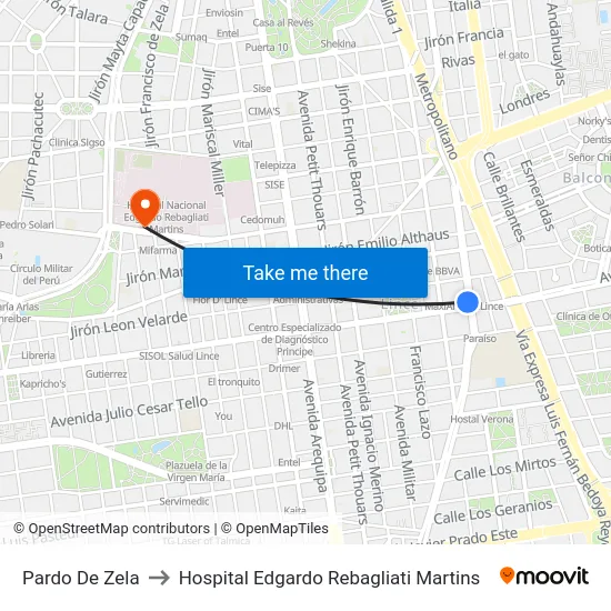 Pardo De Zela to Hospital Edgardo Rebagliati Martins map