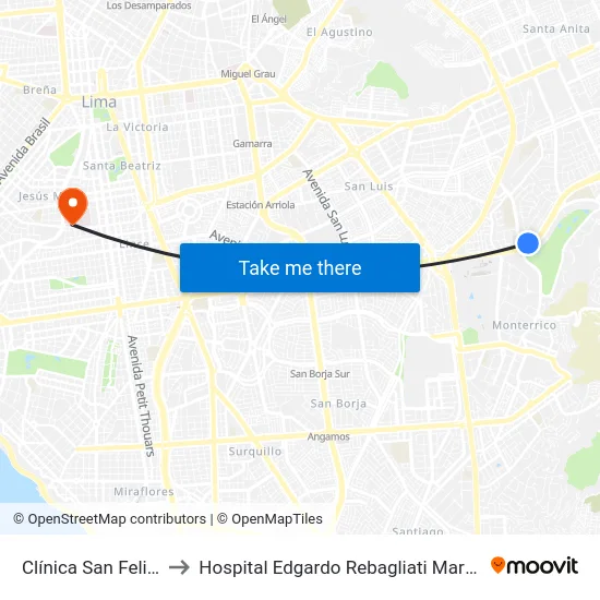 Clínica San Felipe to Hospital Edgardo Rebagliati Martins map