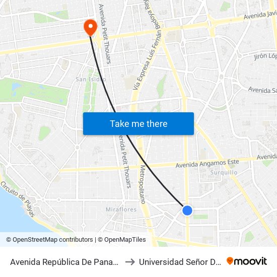 Avenida República De Panamá, 5734 to Universidad Señor De Sipán map