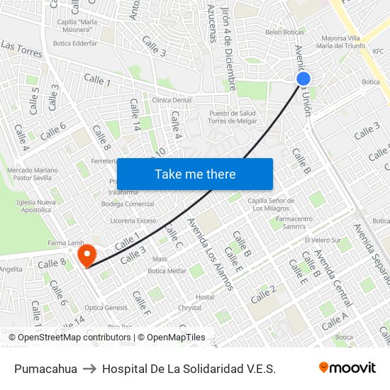 Pumacahua to Hospital De La Solidaridad V.E.S. map