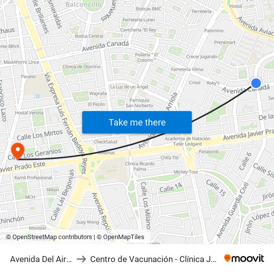Avenida Del Aire, 601 to Centro de Vacunación - Clínica Javier Prado map