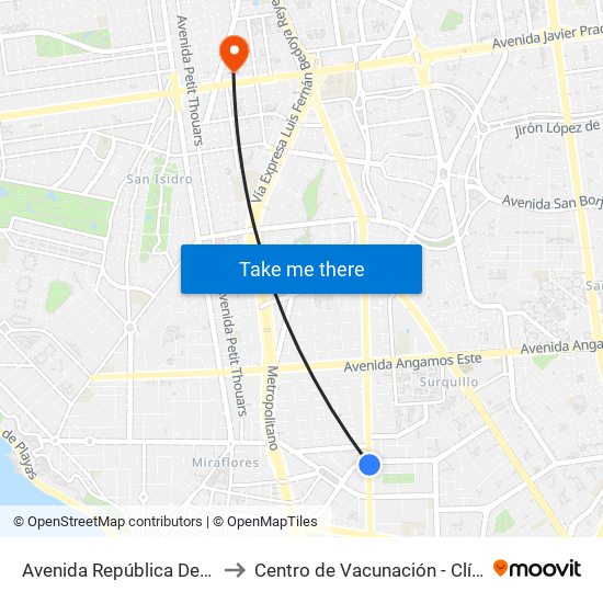 Avenida República De Panamá, 5734 to Centro de Vacunación - Clínica Javier Prado map