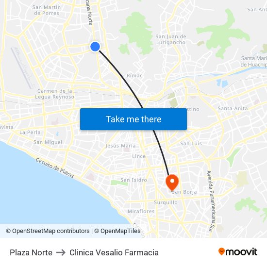Plaza Norte to Clinica Vesalio Farmacia map