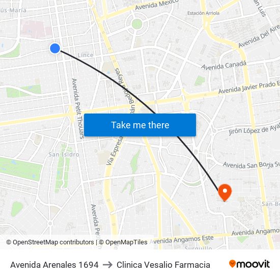 Avenida Arenales 1694 to Clinica Vesalio Farmacia map