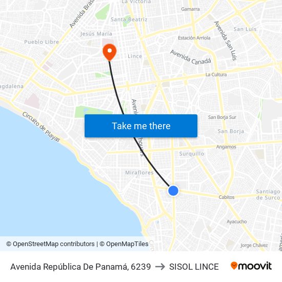 Avenida República De Panamá, 6239 to SISOL LINCE map
