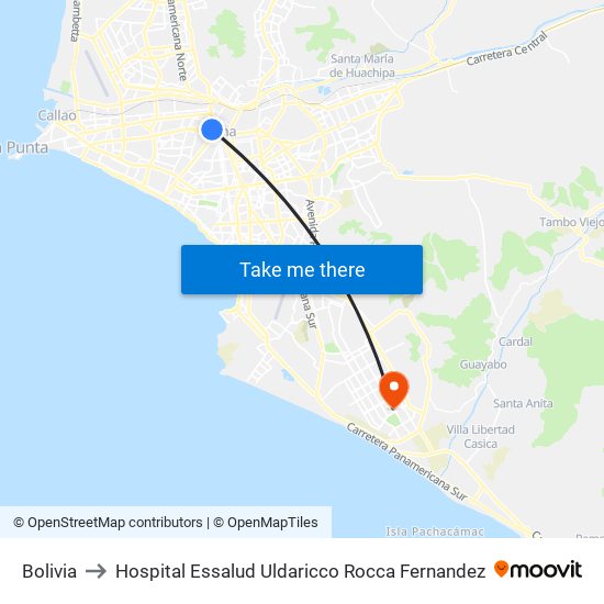 Bolivia to Hospital Essalud Uldaricco Rocca Fernandez map