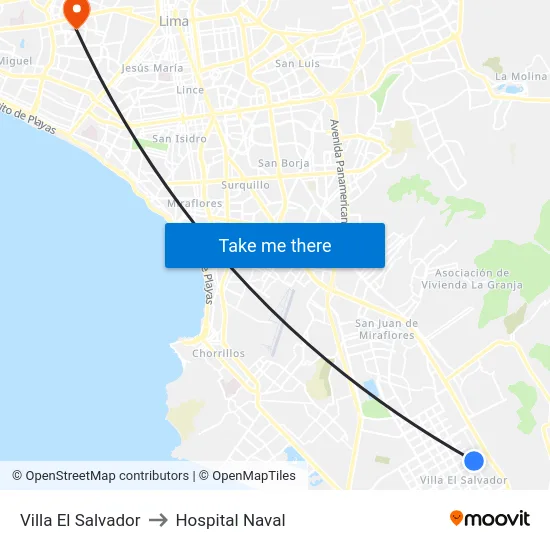 Villa El Salvador to Hospital Naval map