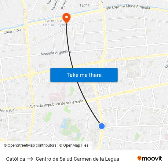 Católica to Centro de Salud Carmen de la Legua map