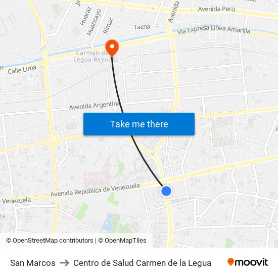 San Marcos to Centro de Salud Carmen de la Legua map