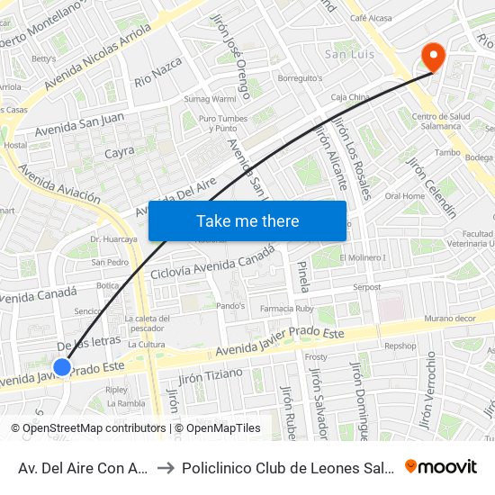 Av. Del Aire Con Av. Javier Prado to Policlinico Club de Leones Salamanca de Monterrico map