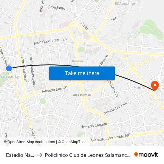 Estadio Nacional to Policlinico Club de Leones Salamanca de Monterrico map