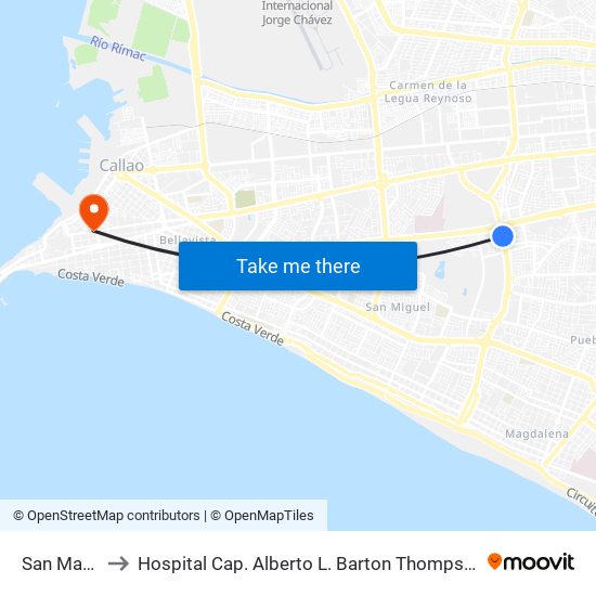 San Marcos to Hospital Cap. Alberto L. Barton Thompson - Essalud map
