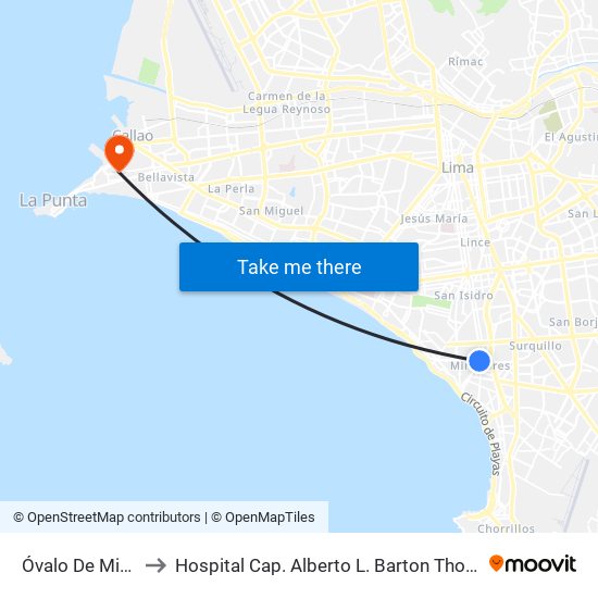 Óvalo De Miraflores to Hospital Cap. Alberto L. Barton Thompson - Essalud map
