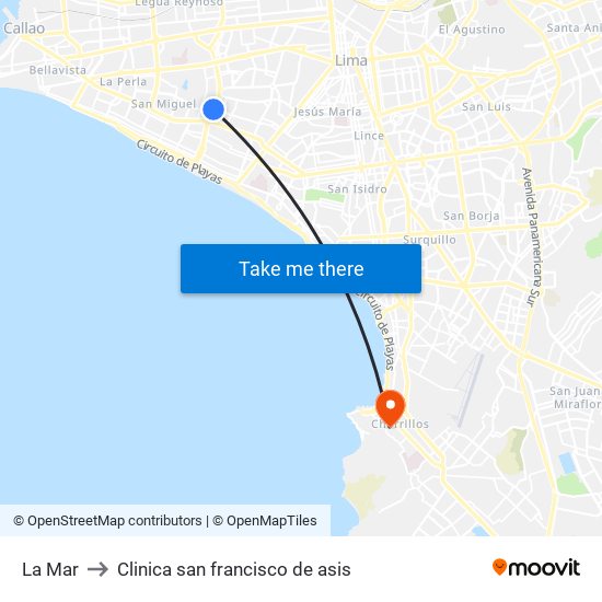 La Mar to Clinica san francisco de asis map