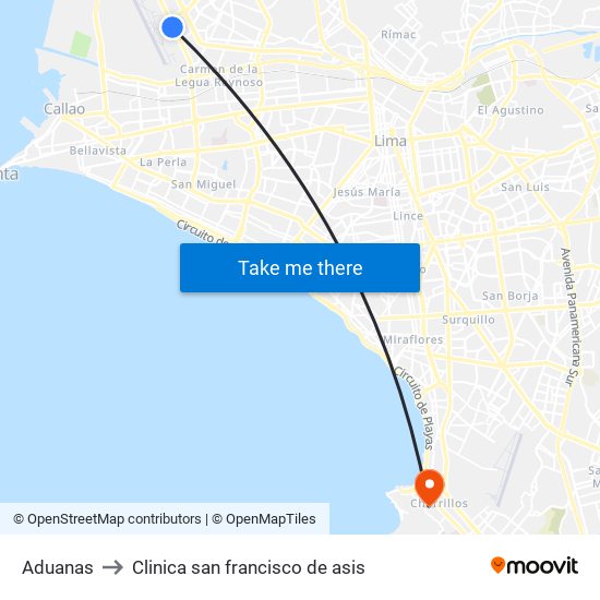 Aduanas to Clinica san francisco de asis map