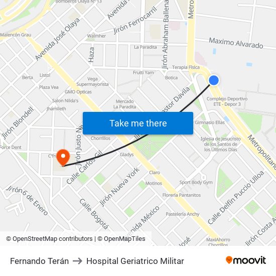 Fernando Terán to Hospital Geriatrico Militar map