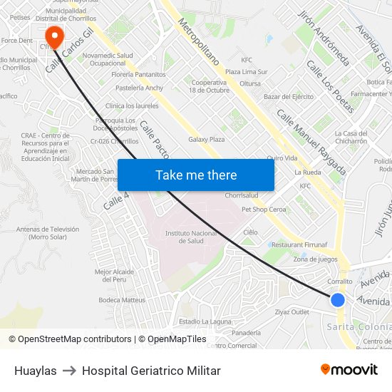 Huaylas to Hospital Geriatrico Militar map