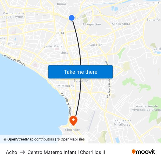 Acho to Centro Materno Infantil Chorrillos II map