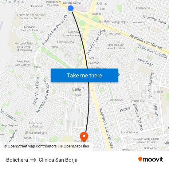 Bolichera to Clinica San Borja map