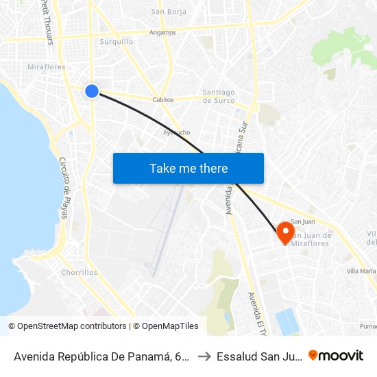 Avenida República De Panamá, 6239 to Essalud San Juán map