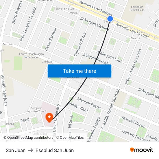 San Juan to Essalud San Juán map