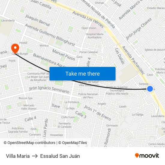 Villa Maria to Essalud San Juán map