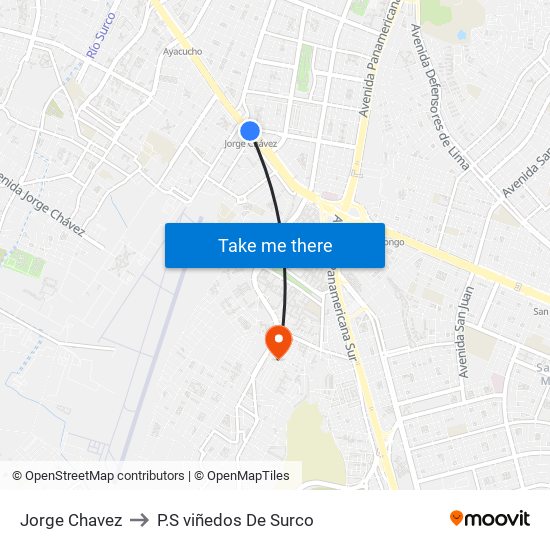 Jorge Chavez to P.S viñedos De Surco map