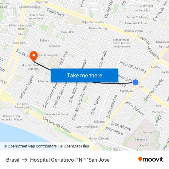 Brasil to Hospital Geriatrico PNP "San Jose" map