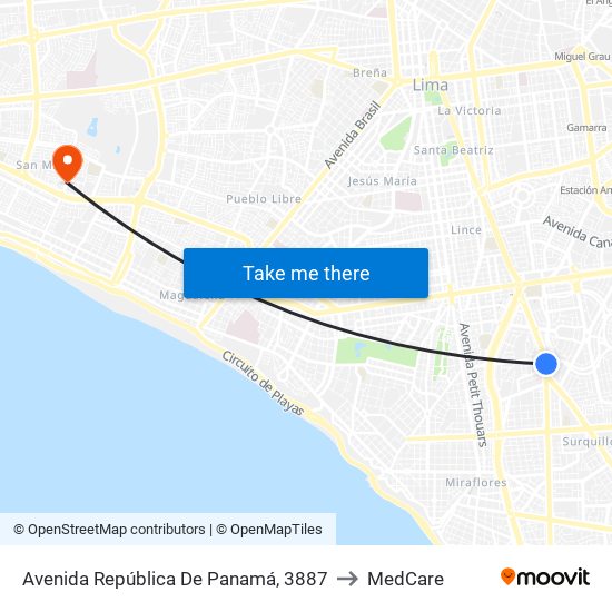 Avenida República De Panamá, 3887 to MedCare map