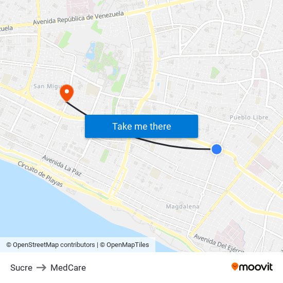 Sucre to MedCare map