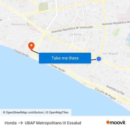 Honda to UBAP Metropolitano III Essalud map