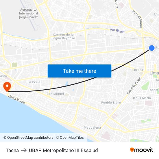 Tacna to UBAP Metropolitano III Essalud map