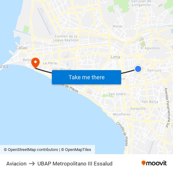 Aviacion to UBAP Metropolitano III Essalud map