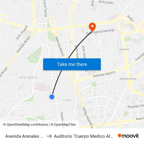 Avenida Arenales 1694 to Auditorio "Cuerpo Medico Almenara map