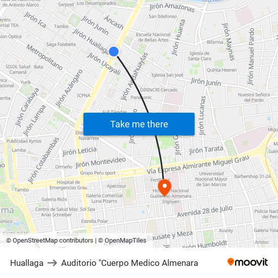Huallaga to Auditorio "Cuerpo Medico Almenara map