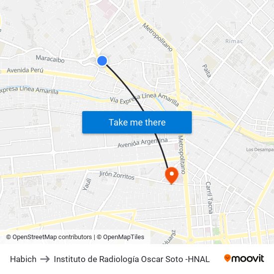 Habich to Instituto de Radiología Oscar Soto -HNAL map