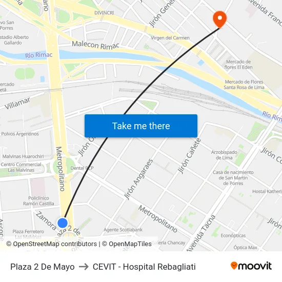 Plaza 2 De Mayo to CEVIT - Hospital Rebagliati map